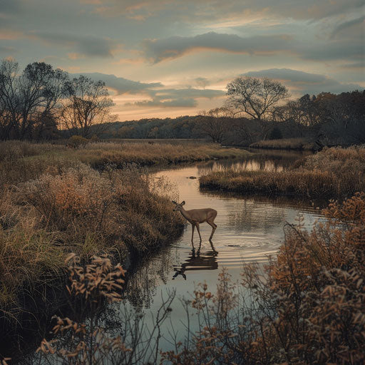 Peaceful river in white-tailed deer habitat, with deer coming to drink at twilight.