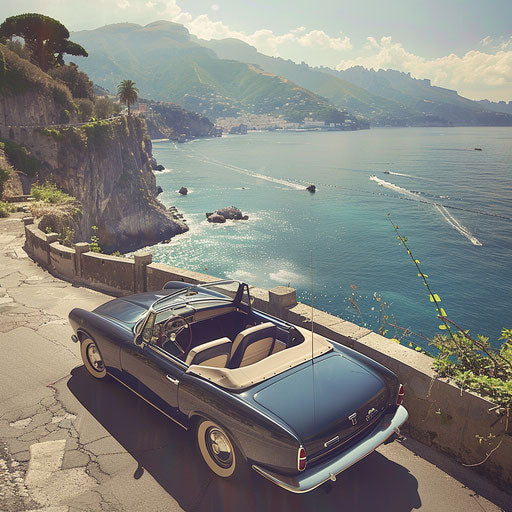 1966 Volvo P1800 convertible cruising Amalfi Coast