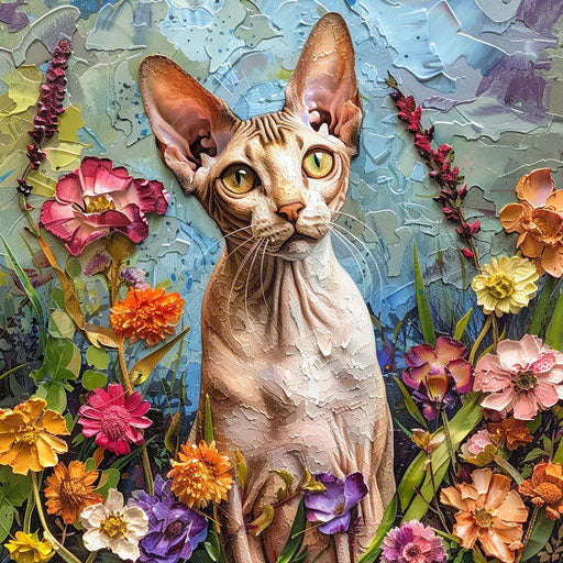 Cornish rex cat in a flower bed with beautiful flowers
