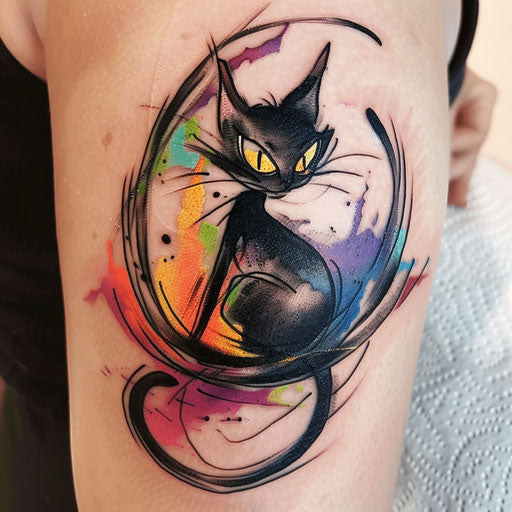 Bold abstract black cat with vibrant brush strokes