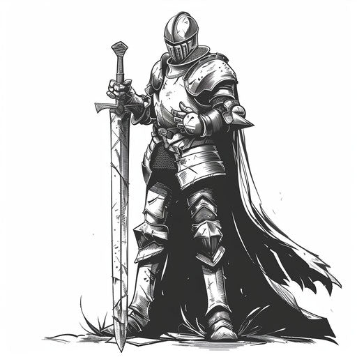 Elegant sketch of a medieval knight in armor with a sword, black and white minimalist style