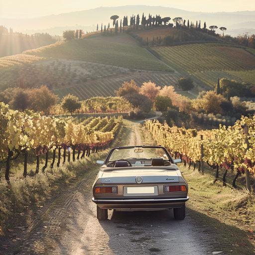 Gleaming Alfa Romeo Alfasud roadster under the Tuscan sun