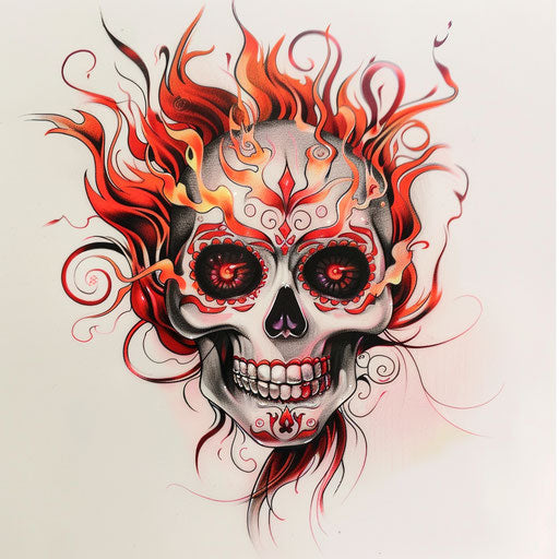 Sugar skull tattoo with flames for hair and ruby red eyes