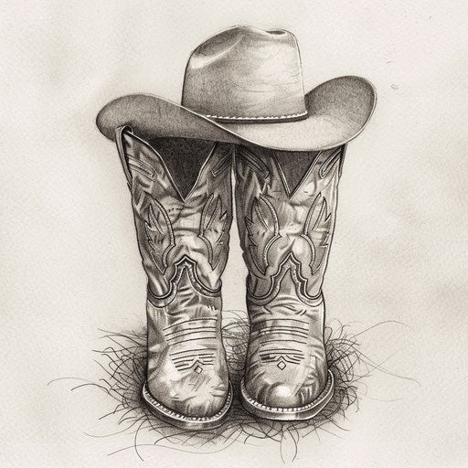Sketch of cowboy boots and hat tattoo, rustic American West theme