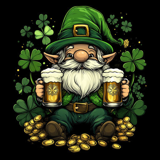 St. Patrick's Day gnome with beer mugs, clovers, and coins