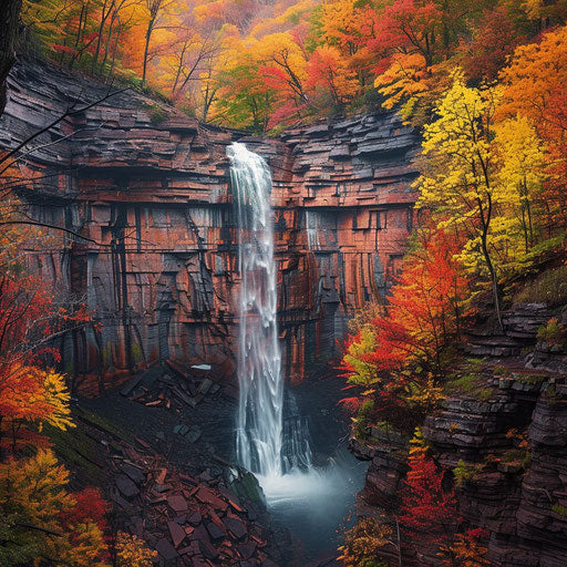 Kaaterskill Falls, New York, autumn colorful foliage style