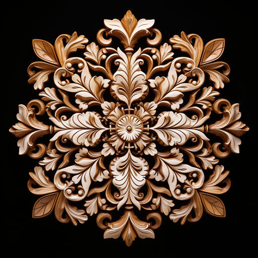 Snowflake pattern in Elvish art, baroque ornate and dramatic style, meticulous inking, ceramic tapestries, careful design, wood engraving