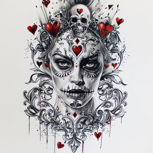 Gothic Queen of Hearts tattoo design with lace and skull
