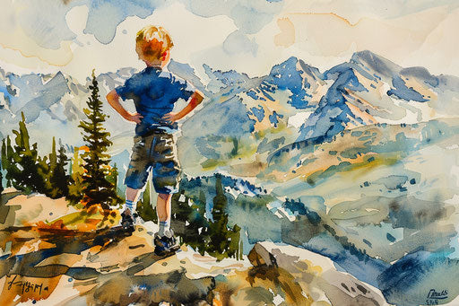 8-year-old boy with strawberry blond hair at the summit of a mountain