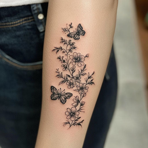 Inner forearm tattoo, delicate floral pattern and butterflies