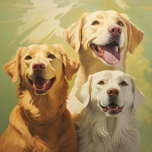 Yellow dog resting on the shoulder of two green and gold dogs