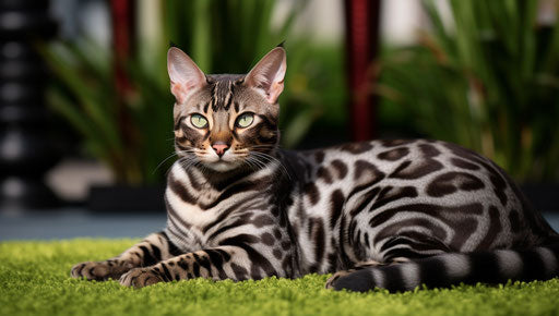 A large Bengal cat laying on the grass