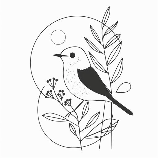 Flat tattoo sketch of a minimalist single-line drawing of a robin with abstract background elements