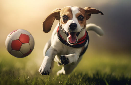 Small black beagle running towards a ball in a grassy field