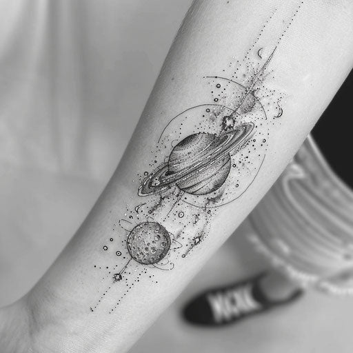 Galaxy tattoo design with stippling for depth and texture