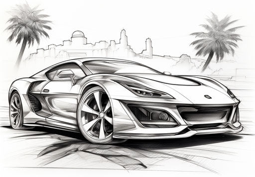 Coloring page of a sports car in the style of Giorgio Vasari