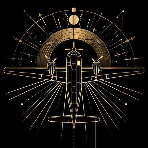 Stylized art deco plane in black and gold, elegant clipart style