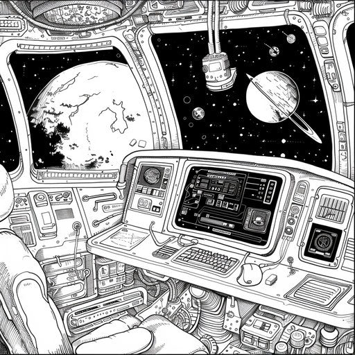 Whimsical scene of a computer in a spaceship cockpit