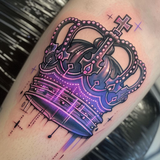 Cyberpunk king crown tattoo with glowing neon lines and futuristic elements