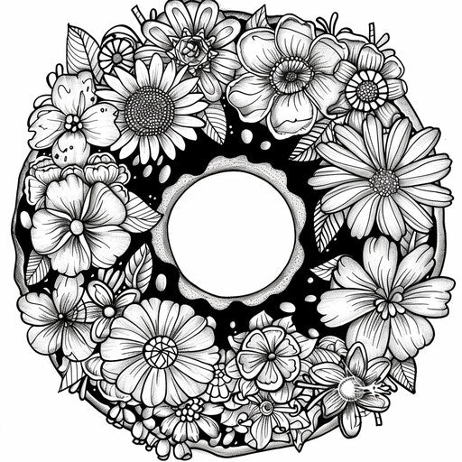 A donut with floral decorations and artistic designs. Coloring book page