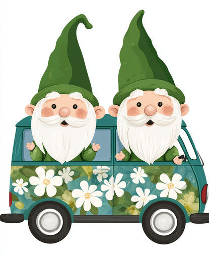 Two Happy Gnomes in a Colorful Flower Van