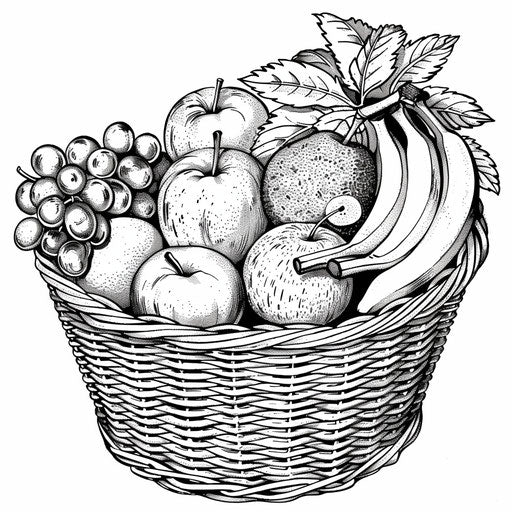 A basket of various fruits like apples, bananas, and grapes to learn and color. Coloring book page