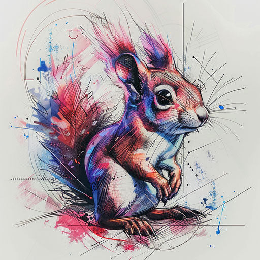 Modern squirrel tattoo sketch with neon outlines