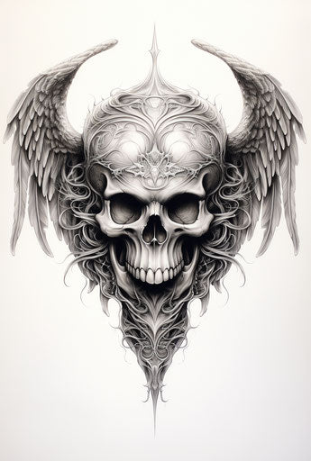 Winged skull flying, intricate pencil work, chicano art, sci-fi realism, gray and black, carving, biomorphic, commission for 51:76