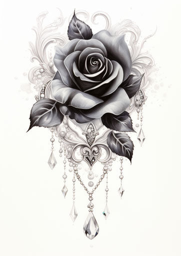 Black and white rose tattoo design, hanging detailed beadwork