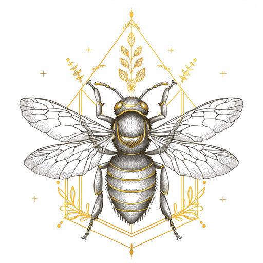 Stylish tattoo sketch of a queen bee with gold foil accents