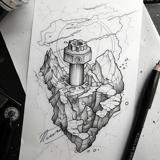 Flat tattoo sketch of a piston pushing through a rugged, textured mountain landscape