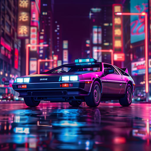 Futuristic car cruising in neon city at night