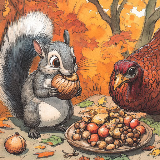 Cartoon squirrel cramming acorns in cheeks at Thanksgiving feast