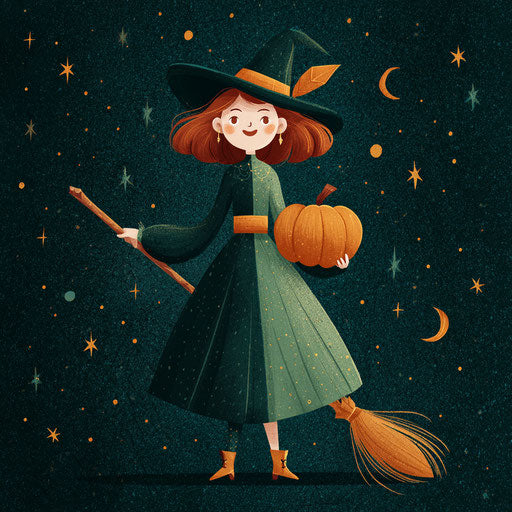 A Cheerful Cartoon Witch with a Halloween Pumpkin