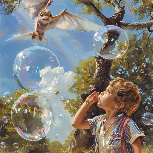 A flying squirrel next to a child blowing bubbles in a park