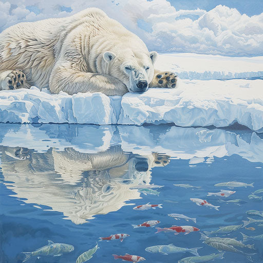 Polar bear resting on ice floe, watching fish swim below