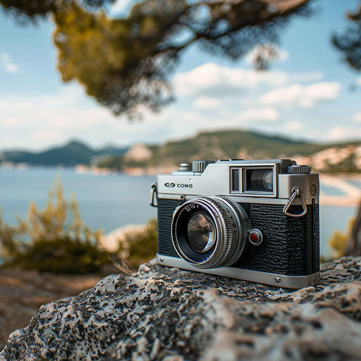 Vintage camera on blurry landscape, appealing to photography lovers