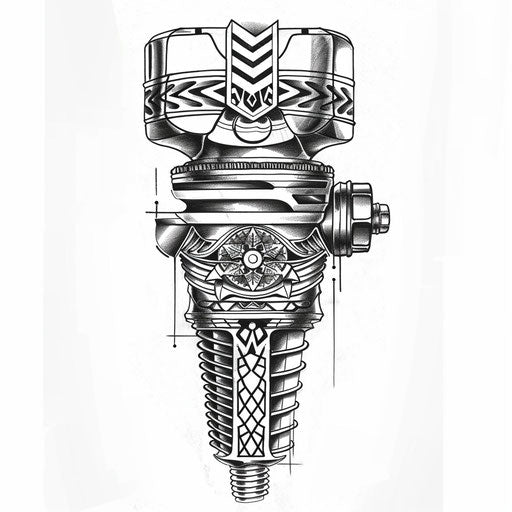 Cultural flat tattoo sketch of a piston decorated with traditional tribal patterns from different cultures