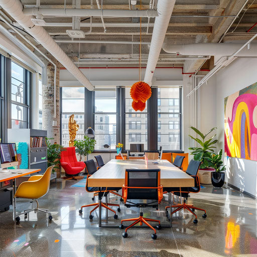 Vibrant creative agency with open spaces and colorful accents