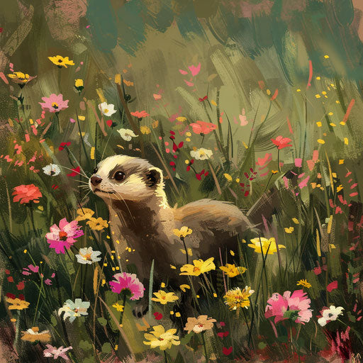 A ferret running through a field of wildflowers in the style of Marsel van Oosten