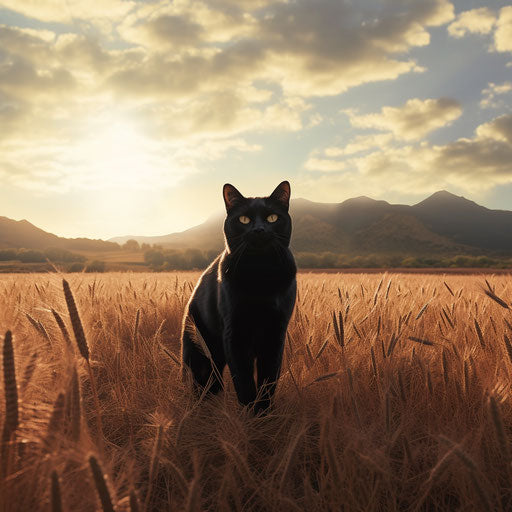 Black cat walking in an empty field above mountains