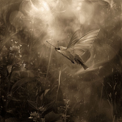 Humming bird moth in an ethereal sepia scene