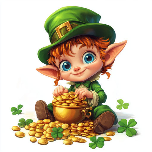 Happy leprechaun with hat and pot of gold