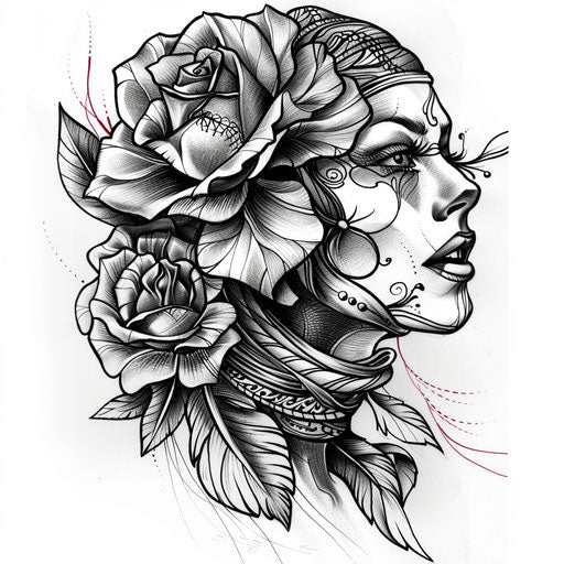 Dynamic flat tattoo sketch of a gypsy rose with flowing petals like fabric