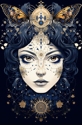 Woman with an eye and butterfly in her hand, intricate geometric design