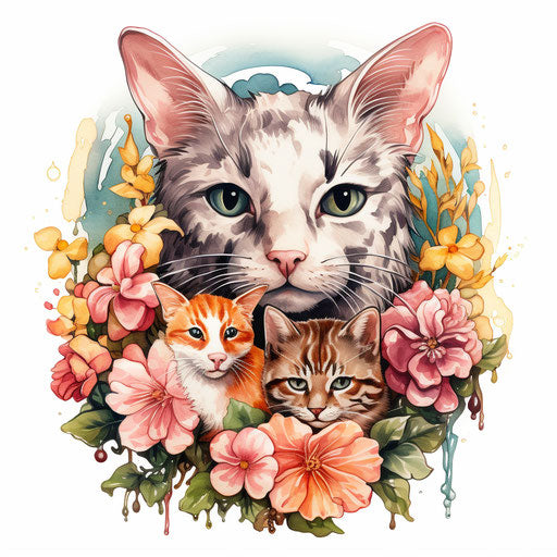 Watercolor tattoo: cat, cow, bunny, floralpunk style