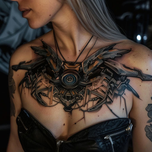 Futuristic chest tattoo for women with cybernetic enhancements