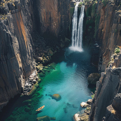 Victoria Falls with crystal clear waters and rugged terrain in the style of Chris Burkard