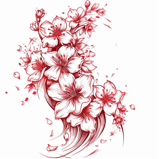 Dynamic flat tattoo sketch of sakura blossoms in an energetic, wind-swept arrangement