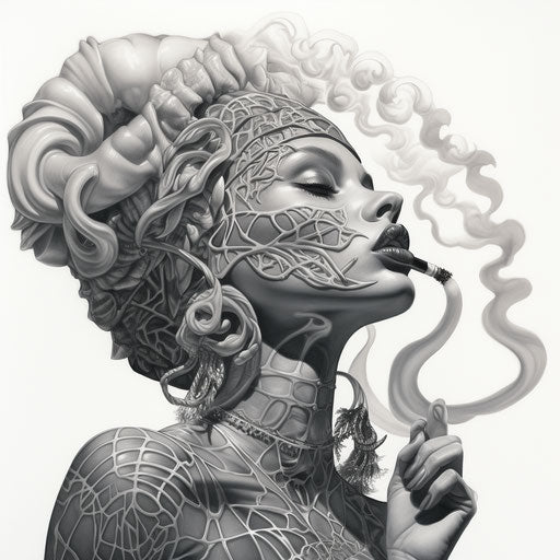 Black and white drawing of a woman putting a smoker in her mouth